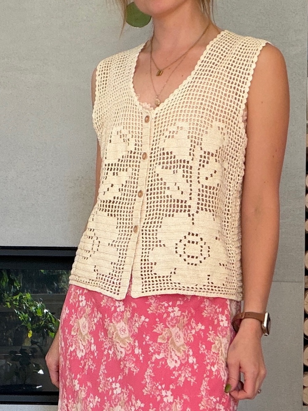Fairycore Cream Crochet Button-Front Sleeveless Top small medium